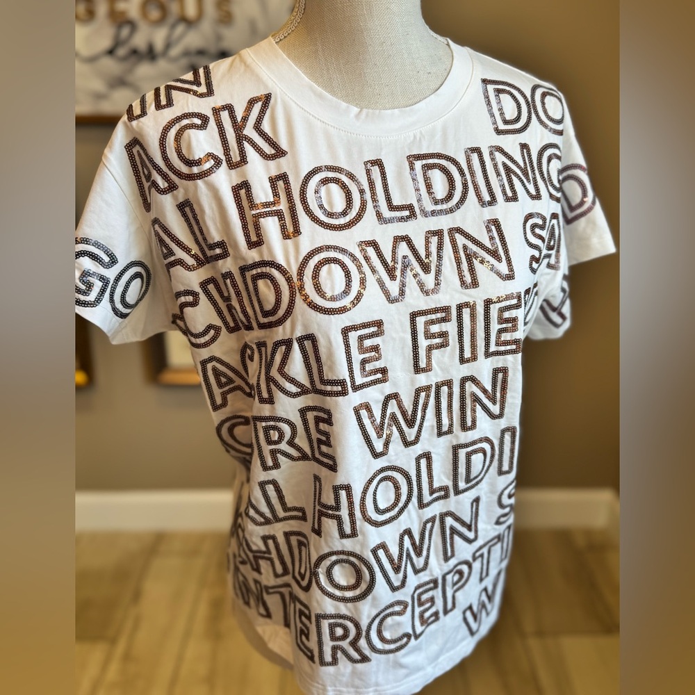 New! QUEEN OF SPARKLES White Tee with Brown Sequin Football Phrases